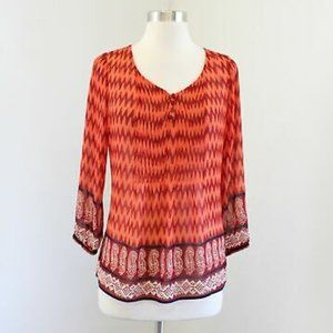 Lucky Brand Sheer Orange Chevron & Paisley Blouse